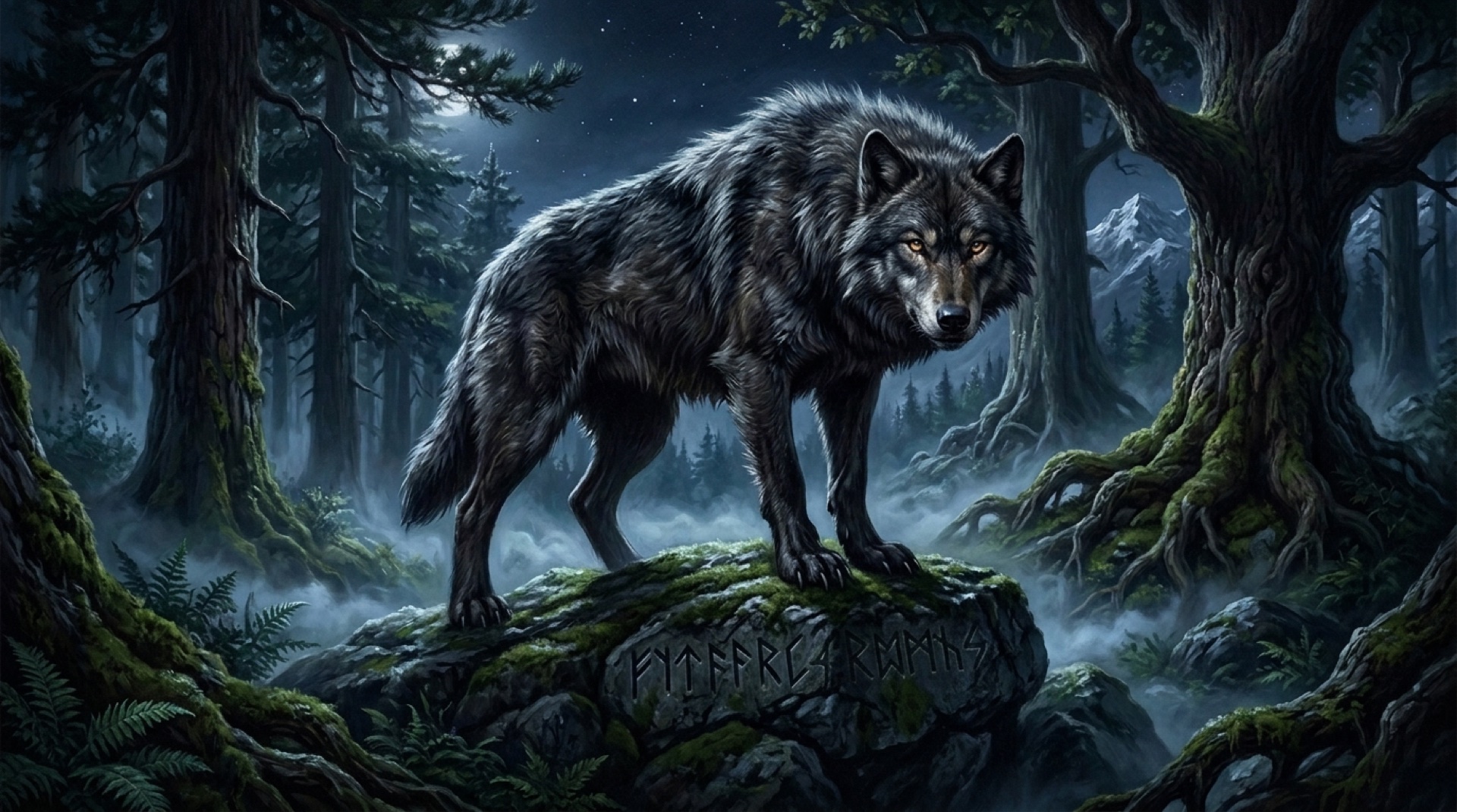 A colossal, dark-furred Warg with silver-frosted hackles and intelligent amber-gold eyes standing atop a moss-covered granite boulder carved with ancient runes in a mist-shrouded primeval pine and oak forest under pale moonlight.